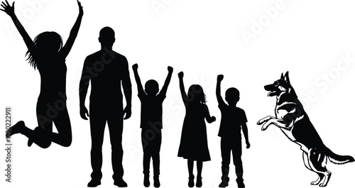 Black and white silhouette of a happy family with jumping mother, father, children, and a German Shepherd dog celebrating together.