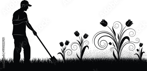 Black and white silhouette of a gardener digging in the grass next to decorative flowers, representing landscaping, spring, and gardening.