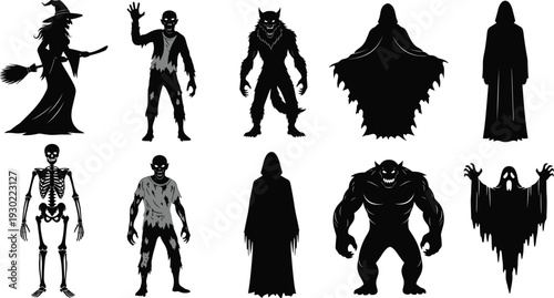 Black and white silhouette set of horror monsters including witch, zombie, werewolf, vampire, ghost, skeleton, grim reaper, and spooky creatures.