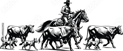 Black and white vector illustration of a cowboy on a horse herding cattle and ranch dogs across an open field.