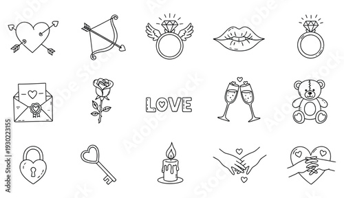 Set of wedding and romance icons in line art style isolated on transparent background