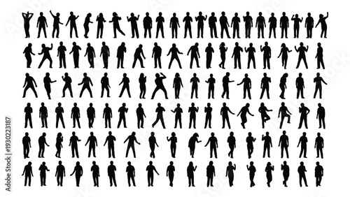 A large collection of black silhouettes of people in various poses isolated on white background, Vector