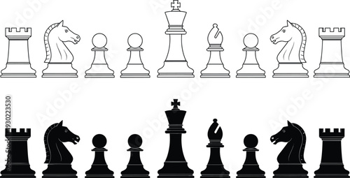 Chess Pieces Vector Illustration Set, Black and White King Queen Knight Rook Bishop Pawn Icons, Strategy Game Elements Isolated on White,