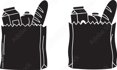 Two black silhouette grocery bags filled with groceries like milk and baguette bread on a transparent background