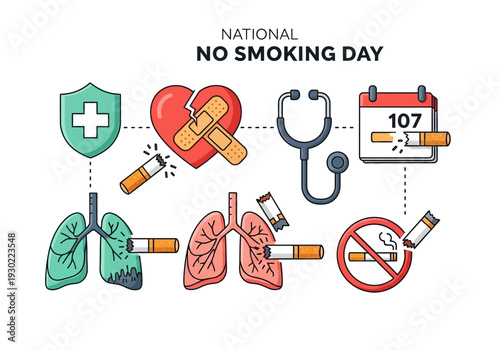 Vector illustration for National No Smoking Day, showing health risks like damaged lungs and heart, and the benefits of quitting smoking.