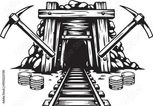 Underground mine entrance featuring wooden support beams with crossed pickaxes and gold coin stacks for mineral extraction industry concepts