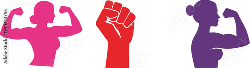 Women Empowerment Silhouette Set Featuring Strong Female Figure Flexing Muscles and Raised Fist Symbol for Feminism Power Movement Campaign Design