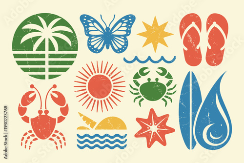 Summer Symbols and Objects Vector Illustration Set Featuring Sandals with Sea Crab and Rising Sun, Abstract Surfboard on Ocean Waves, Bright Star, and Holiday Icons in Flat Style