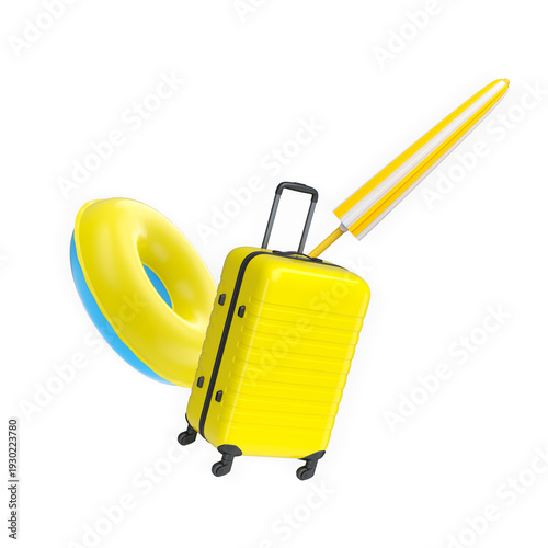 Set of suitcase, beach ball, flip flops, and float ring isolated on white background, concept of vacation travel fun