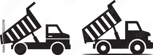 Two dump trucks loaded with dirt and gravel for construction sites and road building projects with raised beds for unloading materials