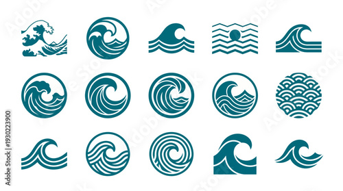 Collection of teal ocean wave icons and blue sea emblems with minimalist geometric patterns on white background, concept for surf brand logo, aquatic sports identity and tropical vacation marketing