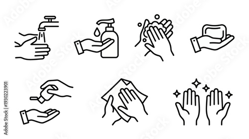 Black line icons set showing hand washing steps including using soap, water tap, sanitizer and towel for hygiene, concept for medical education, public healthcare and sanitation guidance