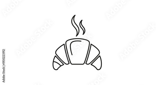 Freshly Baked Croissant Icon with Steam, Minimalist Line Art, Breakfast Pastry Symbol