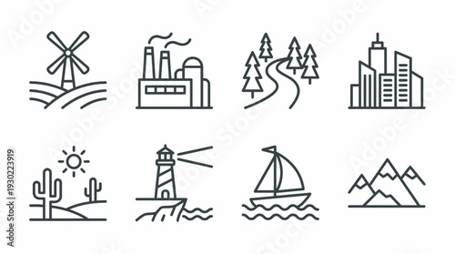 Collection of minimalist landscape line icons featuring windmill, factory, city, desert, sailboat and mountains, concept for web interface design, ecological infographic and app development