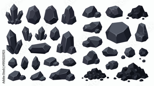 Set of dark black coal lumps, obsidian stones and mineral crystals in various geometric shapes isolated on white, concept for energy industry, geology education and game graphic assets