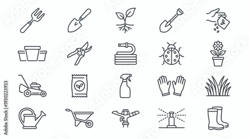 Set of gardening line icons featuring shovel lawnmower and watering tools on white background, concept for agriculture app interface, landscaping service and organic farming web design