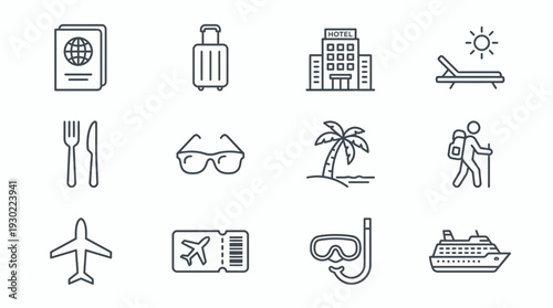 Minimalist travel line icons set featuring passport suitcase hotel airplane cruise ship and palm tree on white background, concept for tourism mobile app vacation website and agency marketing