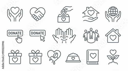 set of charity and donation line icons featuring hands holding hearts and gift boxes for social aid, concept for corporate responsibility, nonprofit organization and community fundraising