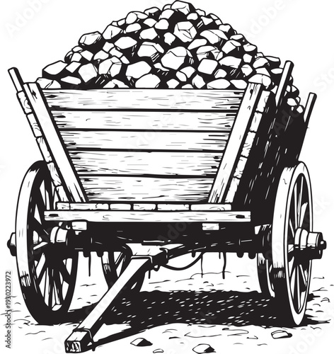 Wooden cart full of coal with large wooden wheels for transporting mined resources from underground collieries and industrial fuel supply