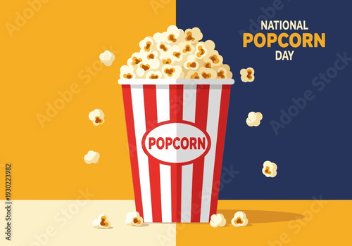 A large bucket of popcorn is overflowing with popcorn, celebrating National Popcorn Day.