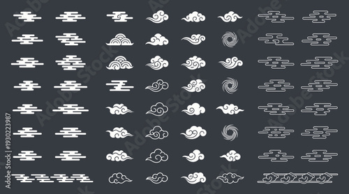 Collection of various Japanese style cloud icons in linear and solid shapes on dark background, concept for traditional pattern, oriental graphic design and decorative elements