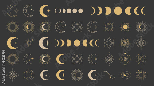 Gold celestial icons set featuring moon phases sunbursts stars and mystical symbols on dark charcoal background, concept for esoteric branding, astrology design and witchcraft graphics