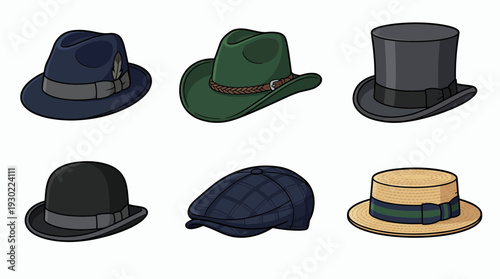 Collection of six classic men hats including fedora cowboy top bowler newsboy cap and straw boater on white background, concept for fashion catalog gentleman style and vintage apparel design