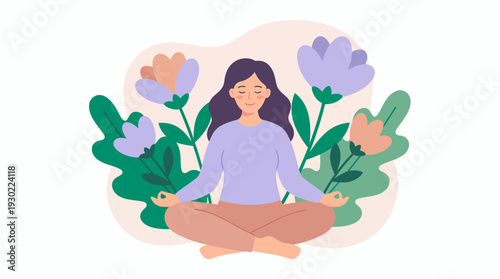 Female human resources manager meditating in lotus position surrounded by giant blooming colorful flowers, concept for workplace wellness, stress management and mental health awareness