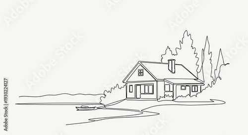 Hand-drawn sketch of a cozy house by a lake with a small boat, surrounded by trees and nature.