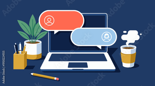 Flat illustration of open laptop with chat bubbles showing digital dialogue between business workers with office desk items, concept for corporate communication, remote work and online support