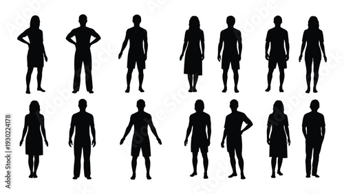 A group of people standing in different poses isolated on white background, Vector