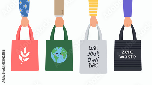 Executive manager and office employee hands holding reusable fabric eco tote bags with earth icons, concept for environmental protection, sustainable lifestyle and plastic reduction campaign