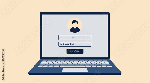 Flat illustration of a laptop showing a secure login interface with a corporate executive profile icon and password fields, concept for cyber security, data protection and network administrator access