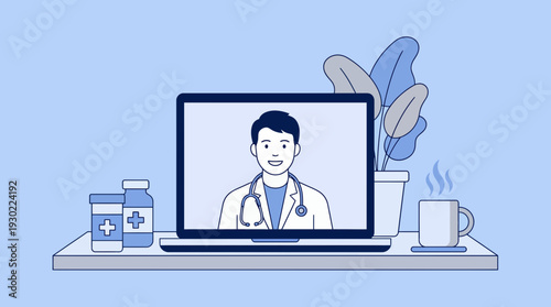 Male physician on laptop screen with medicine bottles and coffee cup on desk, concept for online medical consultation, telemedicine services and digital healthcare platform