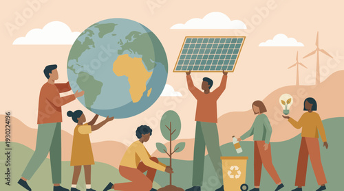 Environmental managers and engineers collaborating on green sustainability projects like solar energy and tree planting, concept for environmental protection, social responsibility and green awareness