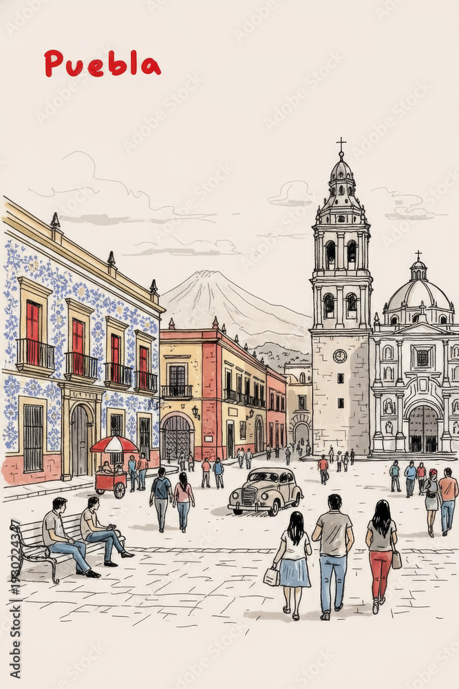 Obraz premium Puebla, Mexico Pen Line Art Illustration of City Landmark and Travel Scene