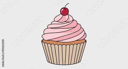 Delicious Pink Frosted Cupcake with Cherry on Top, Isolated on Gray Background