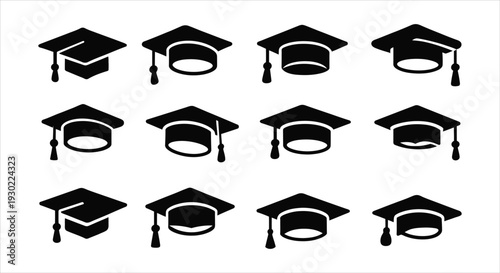 Collection of twelve academic graduation cap icons for educational success