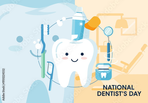 A cheerful cartoon tooth surrounded by dental hygiene tools like a toothbrush, toothpaste, and floss, celebrating National Dentist's Day.