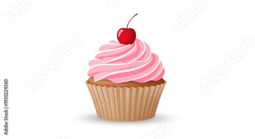 Delicious Pink Frosted Cupcake with Cherry on Top, Isolated on White Background