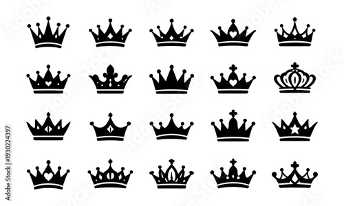 Set of royal crown icons representing power, royalty, and leadership in a black and white graphic