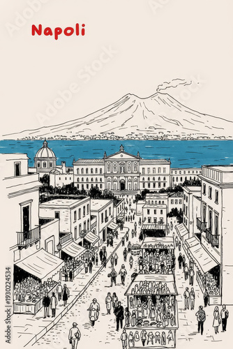 Naples, Italy Pen Line Art Illustration of City Landmark and Travel Scene