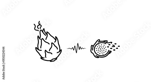 Dragon Fruit Icon: Whole and Sliced with Sound Wave, Minimalist Line Art