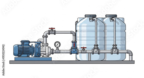 Industrial water pump system with storage tanks and pipes.