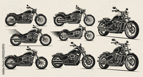 Collection of Vintage Style Motorcycles in Black and White.