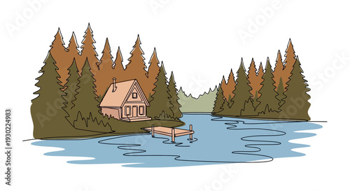 Cozy cabin by a serene lake surrounded by pine forest, dock for fishing or boating, peaceful nature scene
