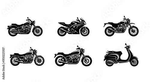 Collection of six different motorcycle and scooter illustrations.