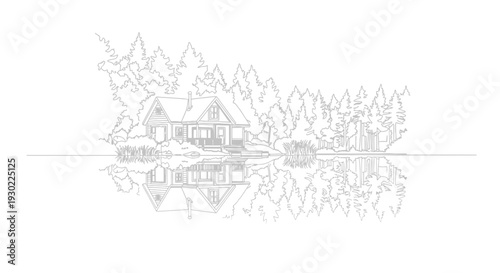 Cozy Cabin by Lake in Forest, Reflection in Water, Nature Retreat, Sketch Style