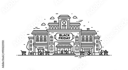 Black Friday Shopping Mall Facade with Shoppers and Carts - Line Art Illustration
