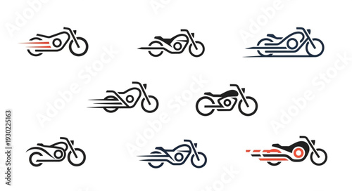 Collection of stylized motorcycle icons with motion lines.